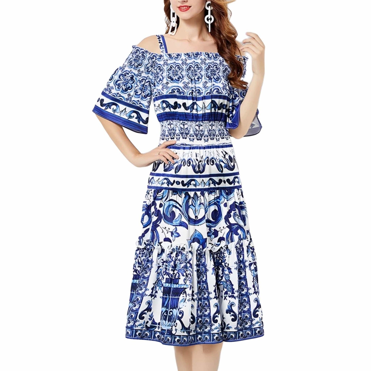 All over pattern dress blue and white
