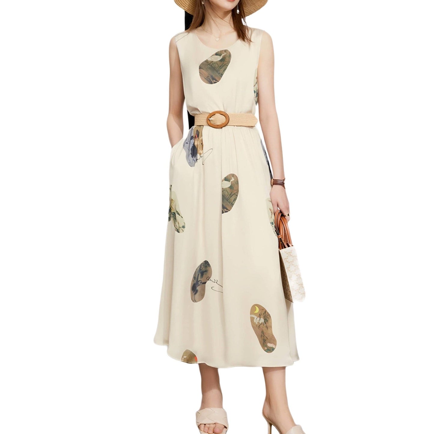 calf length beige printed dress