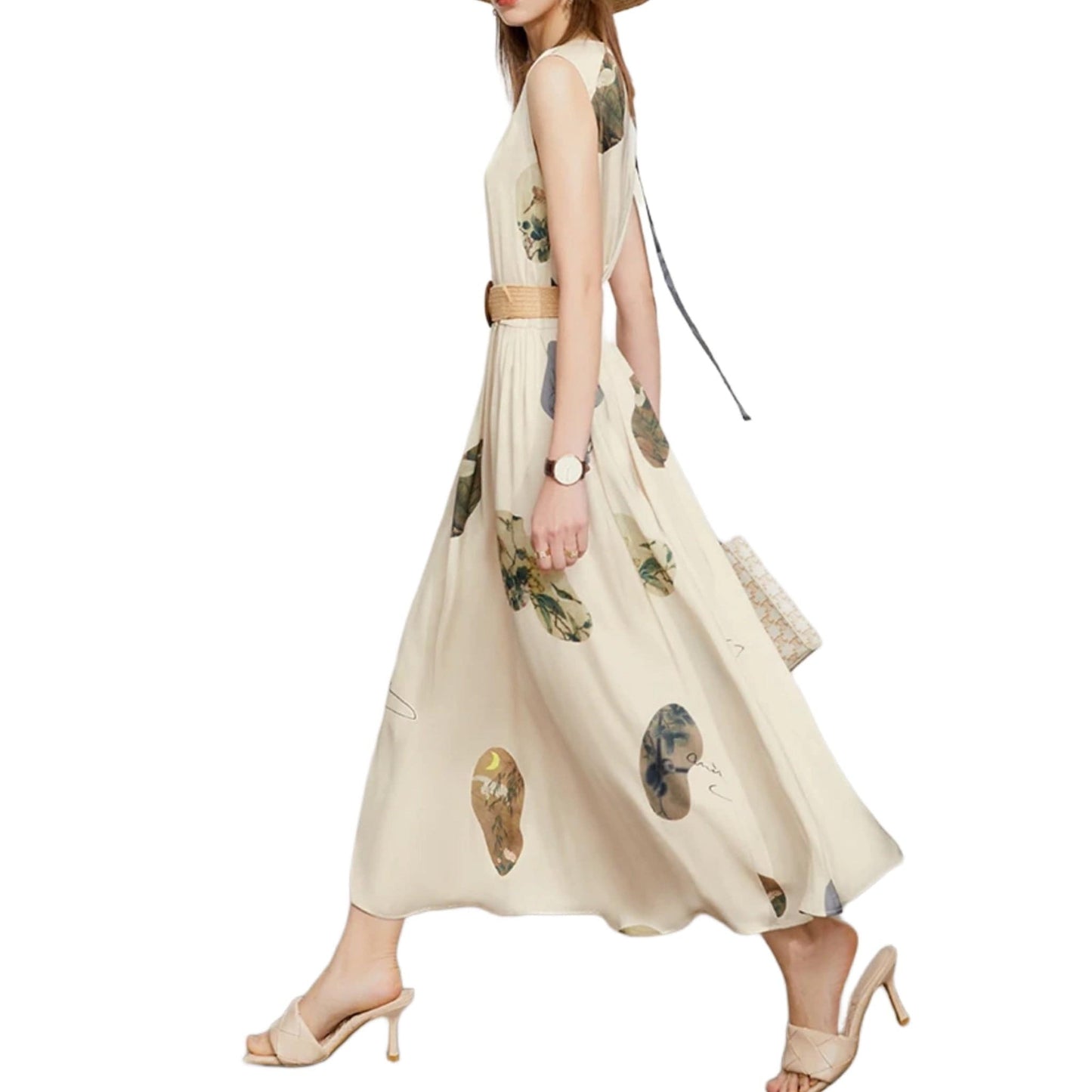 sleeveless beige dress